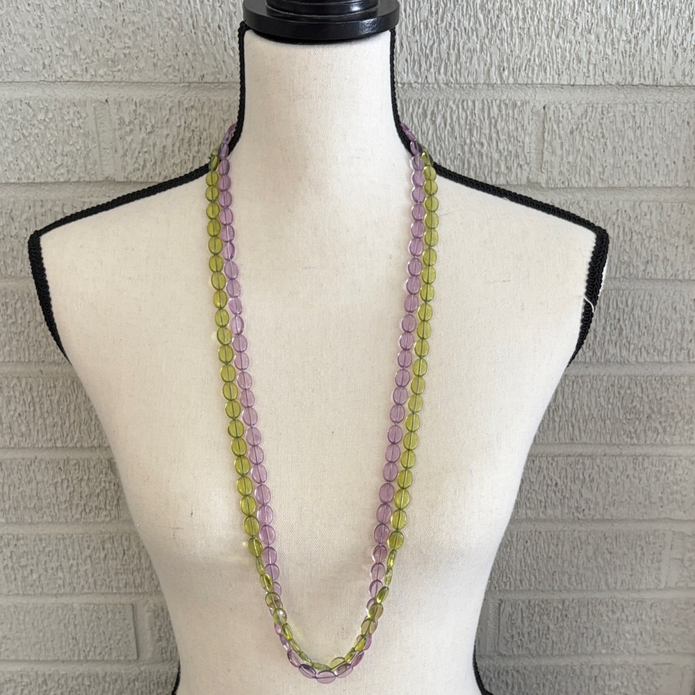 Set of 2 Long Necklaces Green and Purple Oval Glass Beads Strand Over the Head - Picture 2 of 7